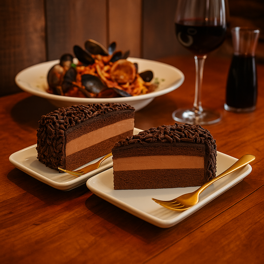  Two slices of chocolate layer cake with chocolate shavings on top, each placed on a white rectangular plate with a golden fork, set on a rustic wooden restaurant table alongside a dish of seafood pasta in tomato sauce, a glass and carafe of red wine, and warm wooden decor in the background, creating an inviting Italian dining atmosphere.