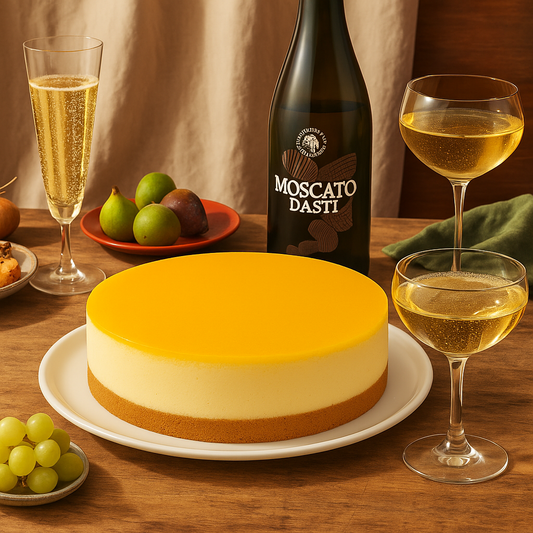 A round mango and apricot cheesecake sits on a white plate on a rustic wooden table, surrounded by a bottle of Moscato d’Asti wine, filled wine glasses, fresh fruit including grapes and figs, and a cozy backdrop of beige fabric and warm lighting.