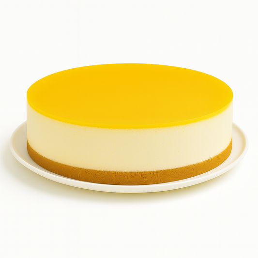 A round mango and apricot cheesecake on a white plate, featuring a bright yellow fruit topping, a creamy light-yellow cheesecake layer, and a golden brown biscuit crust, against a clean white background.