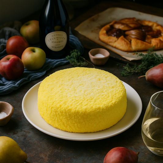 A bright yellow Mimosa cake on a white plate sits on a rustic table surrounded by fresh apples, pears, a bottle of wine, herbs, and a fruit galette in the background, creating a cozy, artisanal dessert setting.