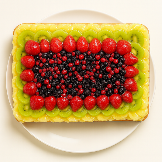Top-down view of a rectangular fruit tart on a white plate, featuring neat rows of fresh strawberries, blackberries, red currants, and kiwi slices on a glossy custard filling and golden crust