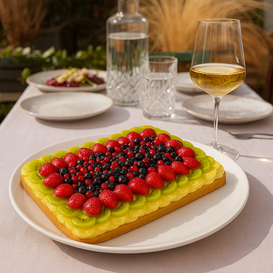 A rectangular fruit tart sits on a white plate atop an outdoor dining table set for a meal. The table is covered with a pale tablecloth and surrounded by glassware, plates, and leafy garden plants in the background.
