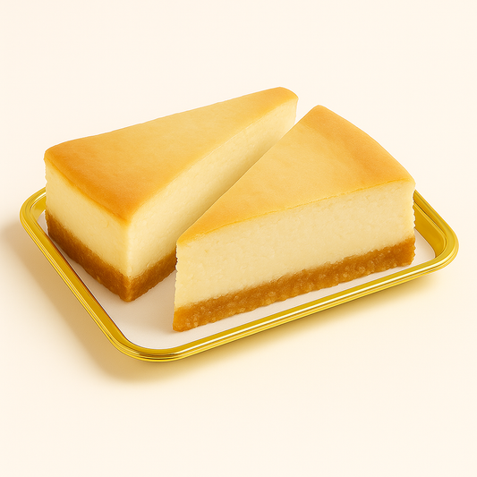 Two triangular slices of New York cheesecake on a gold-edged plastic tray, showing a smooth golden-brown top and dense creamy interior above a thick biscuit crust, set against a plain light background.