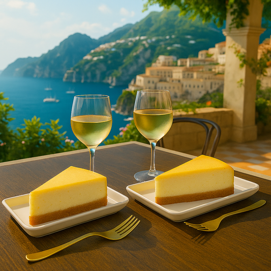 Two slices of New York cheesecake on small white plates, each slice with a golden-brown top and creamy filling, placed on a table outdoors with two glasses of white wine and a scenic coastal view of cliffs, blue sea, and hillside buildings in the background.