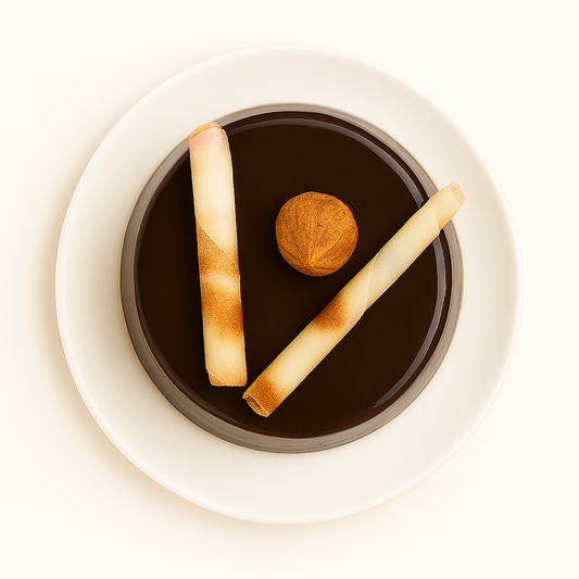 Top-down view of a glossy dark chocolate Opera cake on a white plate, topped with two rolled wafer sticks and a round hazelnut-shaped decoration.