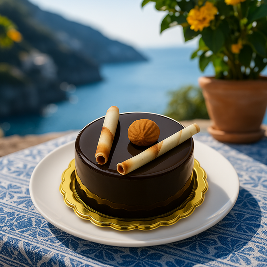 Opera cake with a shiny dark chocolate glaze, garnished with wafer rolls and a round hazelnut decoration, photographed on a table overlooking a coastal view.