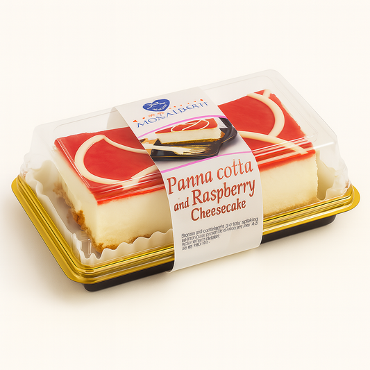 Packaged panna cotta and raspberry cheesecake with two slices visible through a clear plastic lid, labeled “Panna cotta and Raspberry Cheesecake” on a white and gold tray, with a printed product label on top.