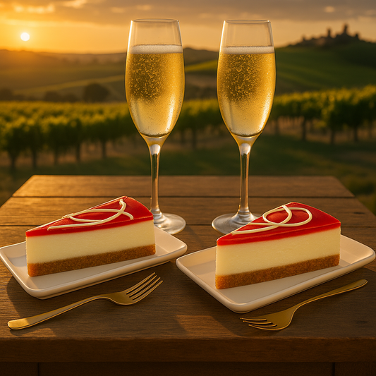 Two slices of panna cotta and raspberry cheesecake served on separate white plates, each slice showcasing a red raspberry topping with white chocolate swirls, creamy cheesecake filling, and a brown crust, with two glasses of sparkling wine in the background on a wooden table overlooking a vineyard at sunset.