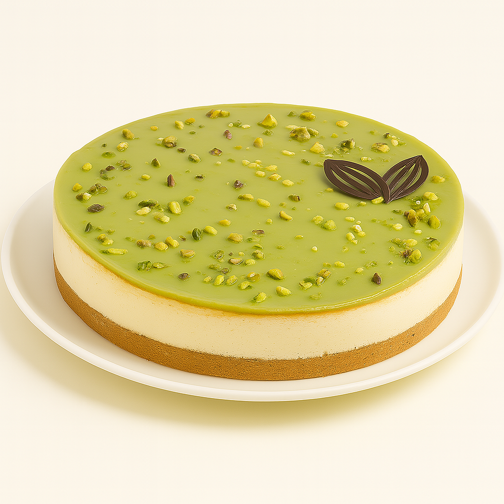 A round pistachio cheesecake on a white plate, topped with glossy green pistachio glaze, sprinkled with chopped pistachios and decorated with two chocolate leaf shapes, set against a light background.