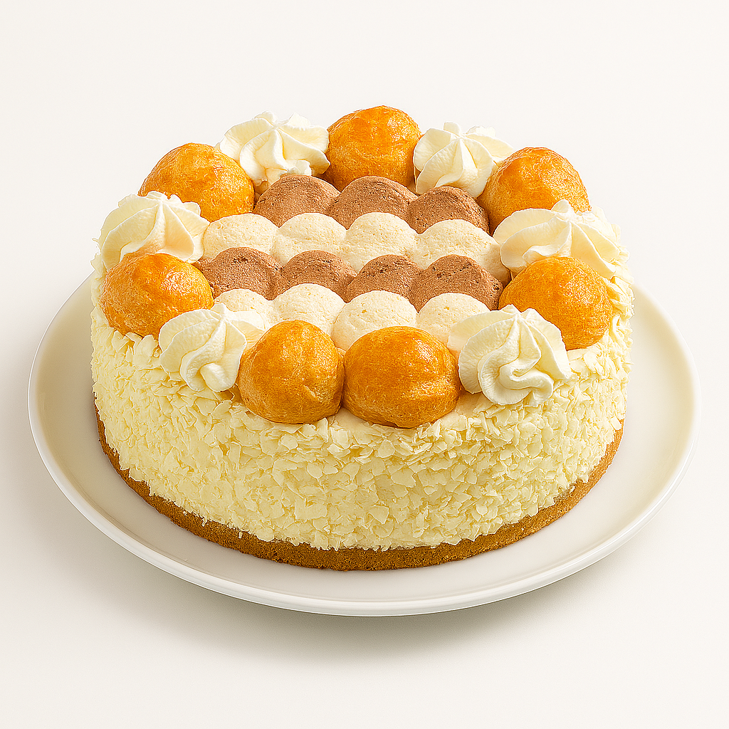 A Saint Honoré cake displayed on a white plate against a plain white background. The cake is topped with cream puffs glazed in caramel, swirls of whipped cream, and alternating rows of white and cocoa cream, with the sides coated in white chocolate flakes.