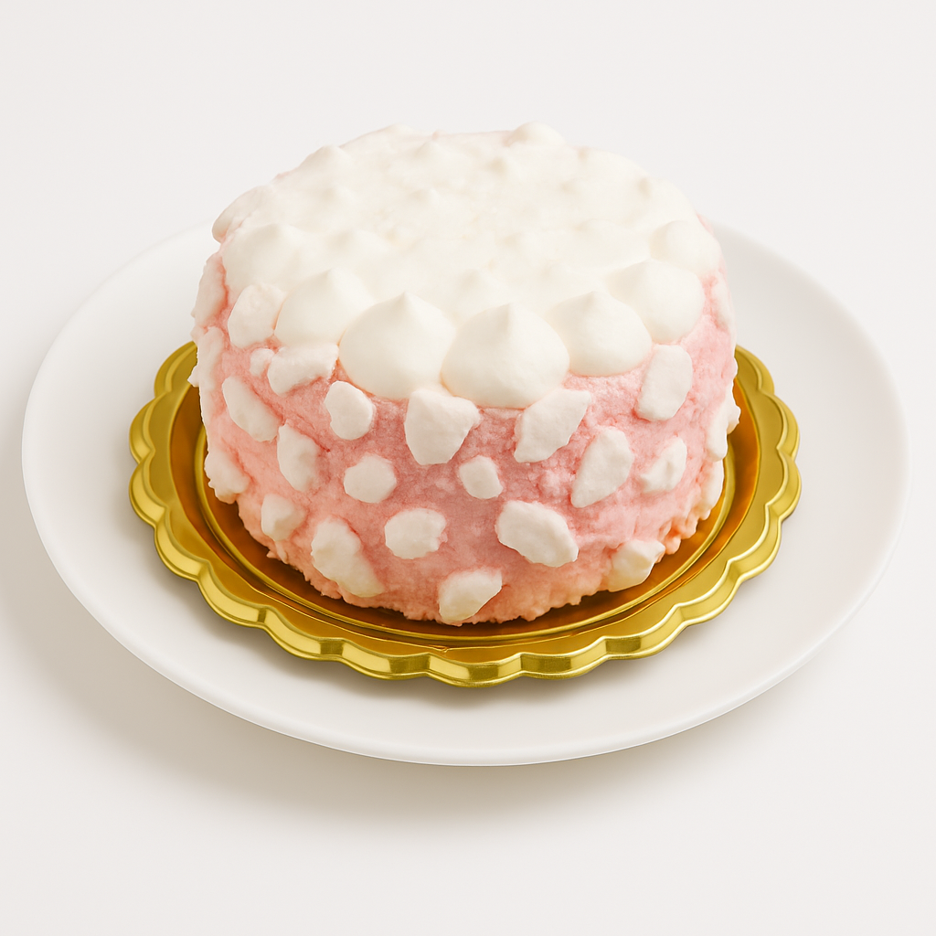 Individual strawberry meringue dessert with a pink exterior dotted with white meringue, topped with fluffy white peaks, presented on a gold base and white plate.