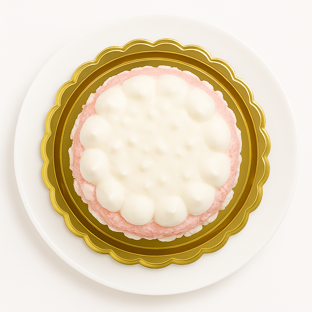 Top-down view of strawberry meringue dessert, featuring a fluffy white meringue topping and pink sides with white spots, placed on a gold base and white plate.