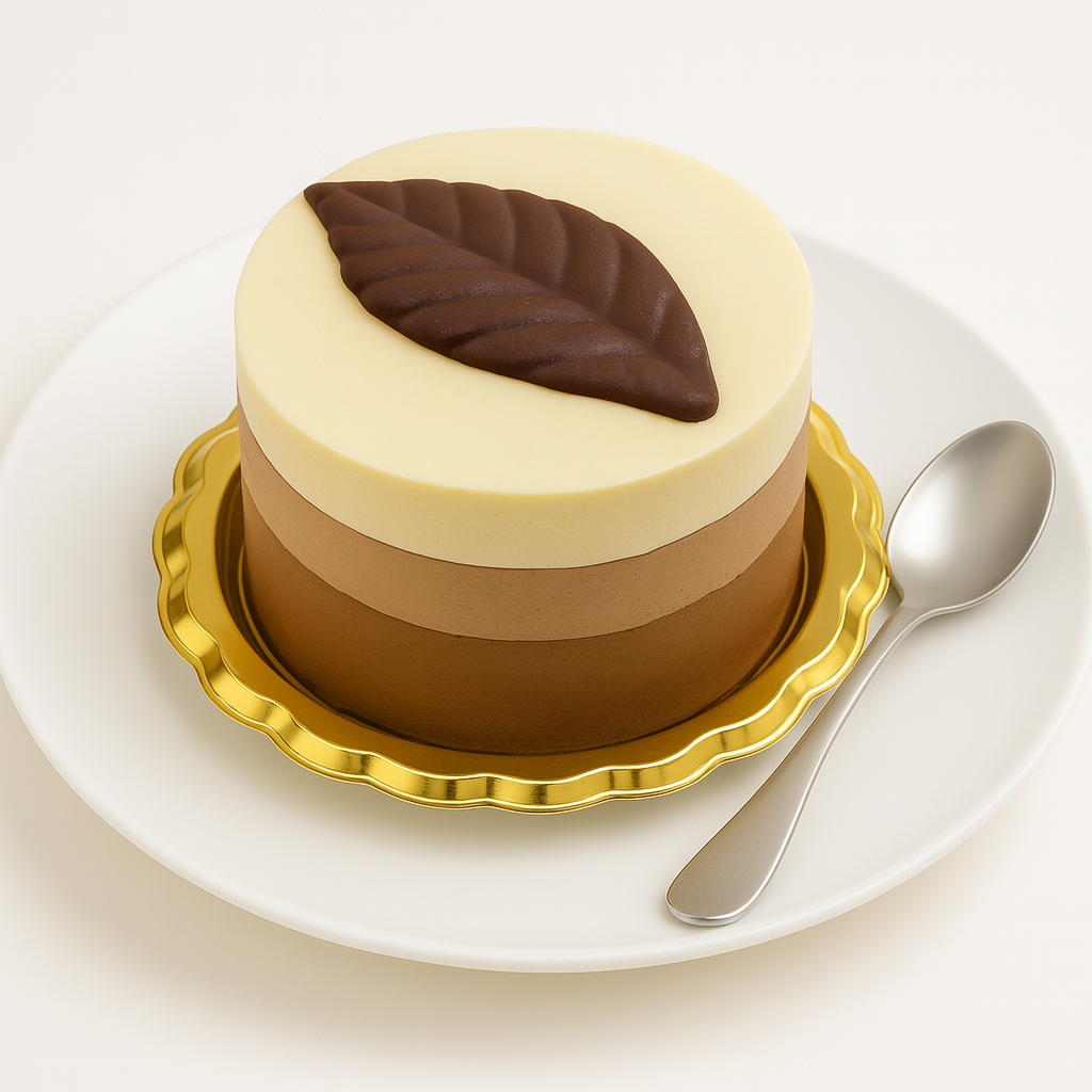 Layered three-chocolate mousse cake on a gold base and white plate, garnished with a chocolate leaf, placed beside a silver spoon.