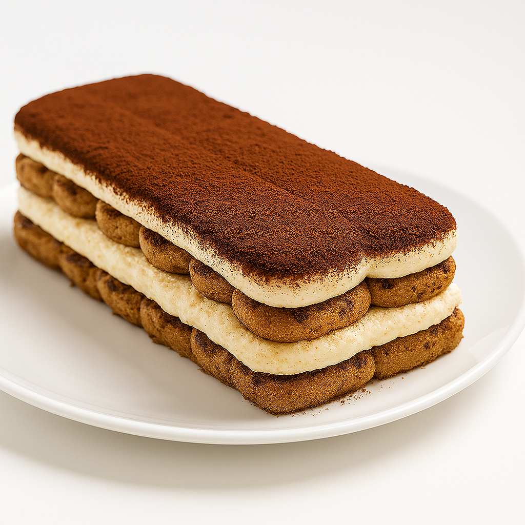 A rectangular tiramisu dessert on a white plate, shown from a side angle. It features multiple visible layers of coffee-soaked ladyfinger biscuits and creamy mascarpone filling, topped with a thick layer of cocoa powder. The background is a clean, white surface.