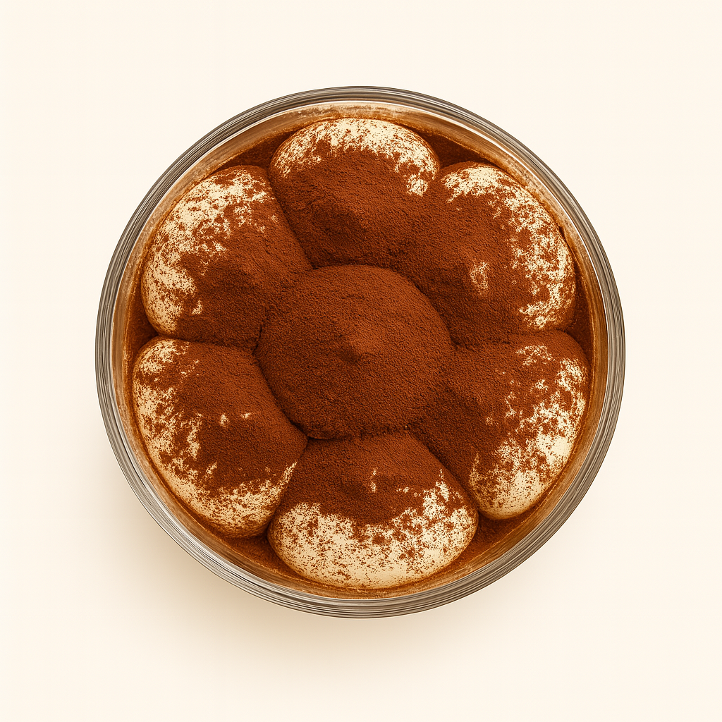 Top-down view of tiramisù in a glass cup, decorated with a ring of cocoa-dusted cream dollops and a mound of cocoa powder in the center.