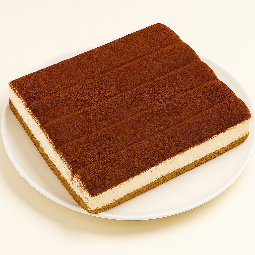 Angled view of a rectangular tiramisu on a white plate, showing distinct layers of coffee-soaked ladyfingers and creamy mascarpone filling, topped with five evenly spaced cocoa powder stripes.