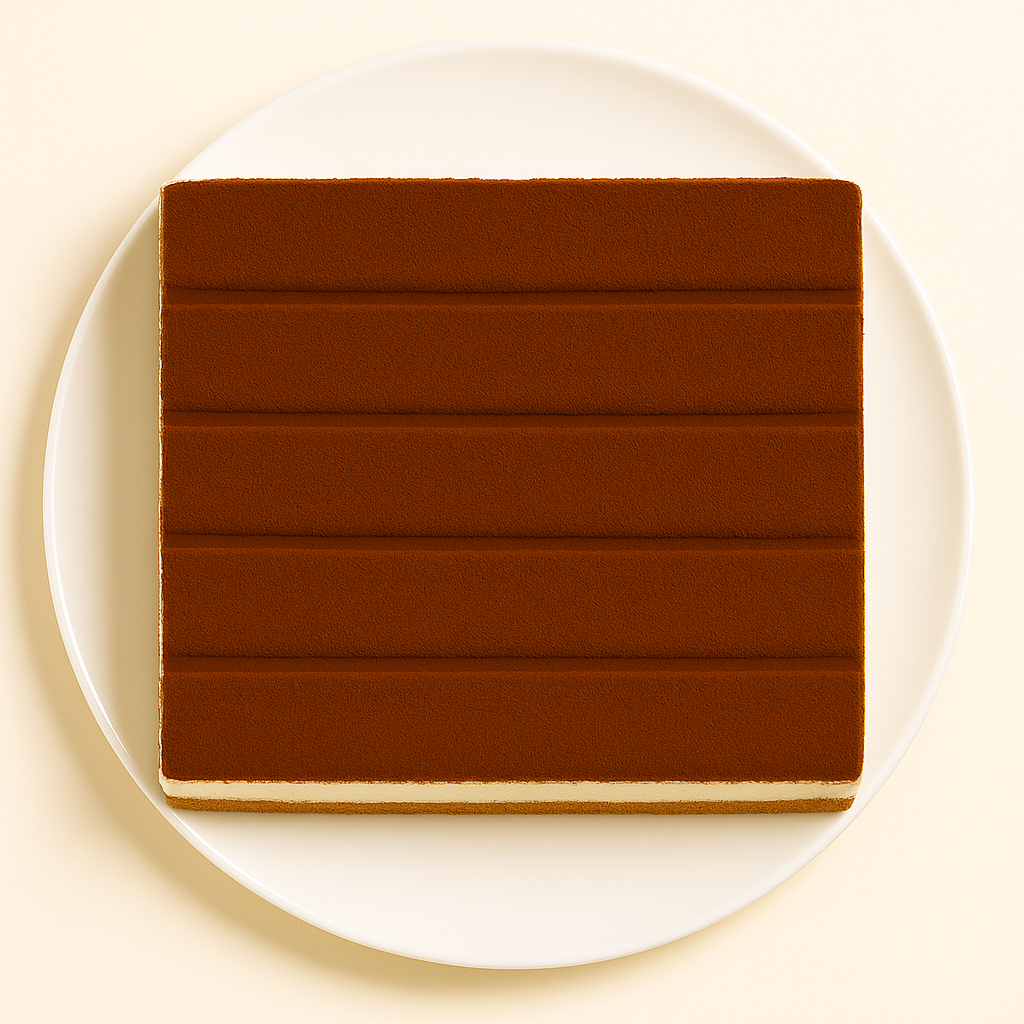 Top-down view of a rectangular tiramisu on a white plate. The dessert features five evenly spaced horizontal cocoa powder stripes across the smooth surface, with creamy mascarpone layers visible along the edges.