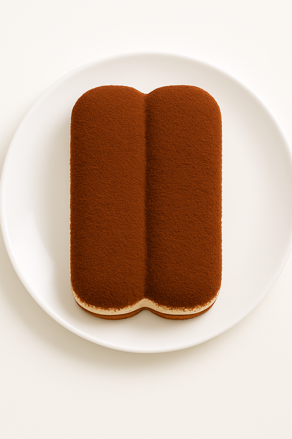 A rectangular tiramisu dessert seen from above, placed on a plain white plate and background. The top layer is dusted evenly with cocoa powder, creating a smooth, velvety surface.