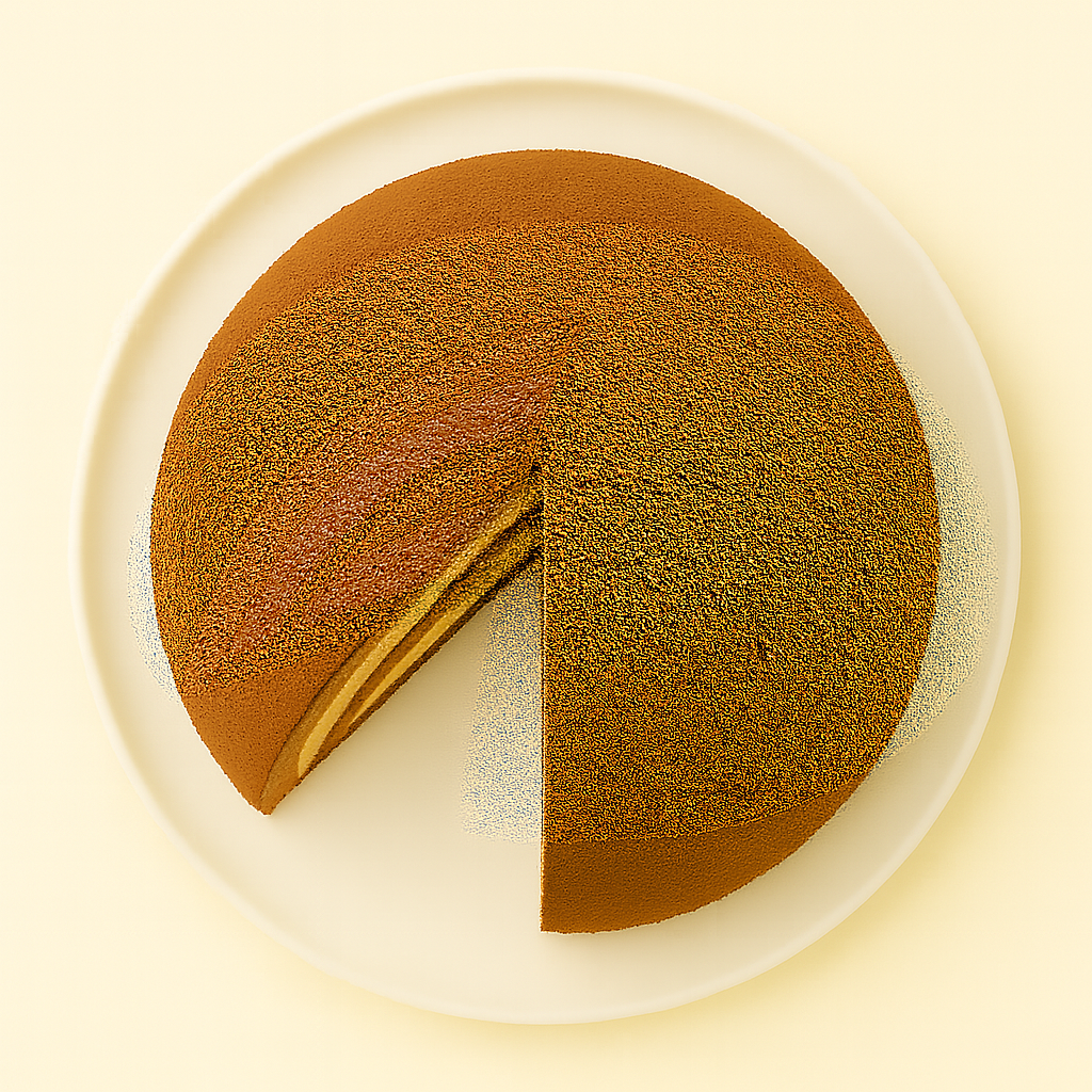 A dome-shaped chocolate cake viewed from above, with a wedge-shaped slice removed, showing visible layers of sponge and chocolate, sitting on a white plate over a pale cream background.