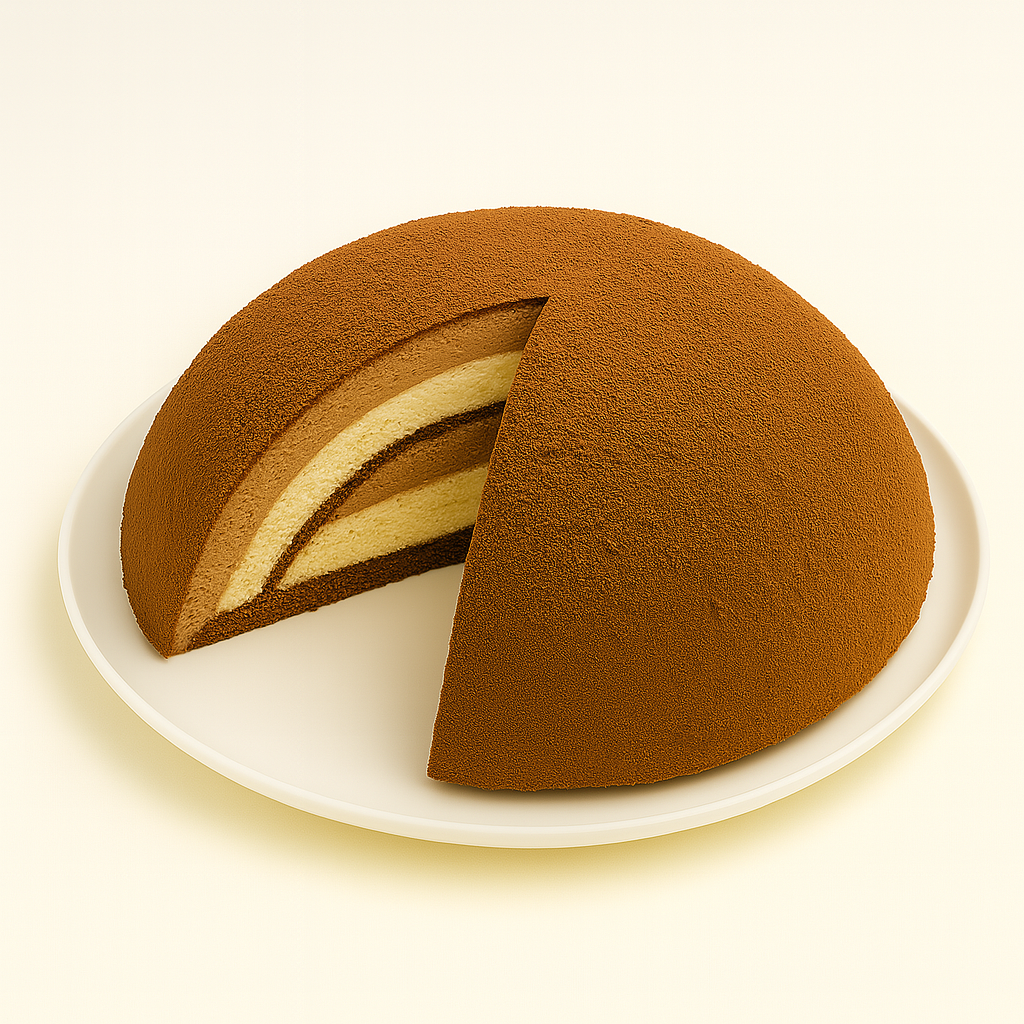 A dome-shaped chocolate cake with a slice removed, revealing alternating layers of light yellow sponge and chocolate filling, displayed on a round white plate against a light cream background.