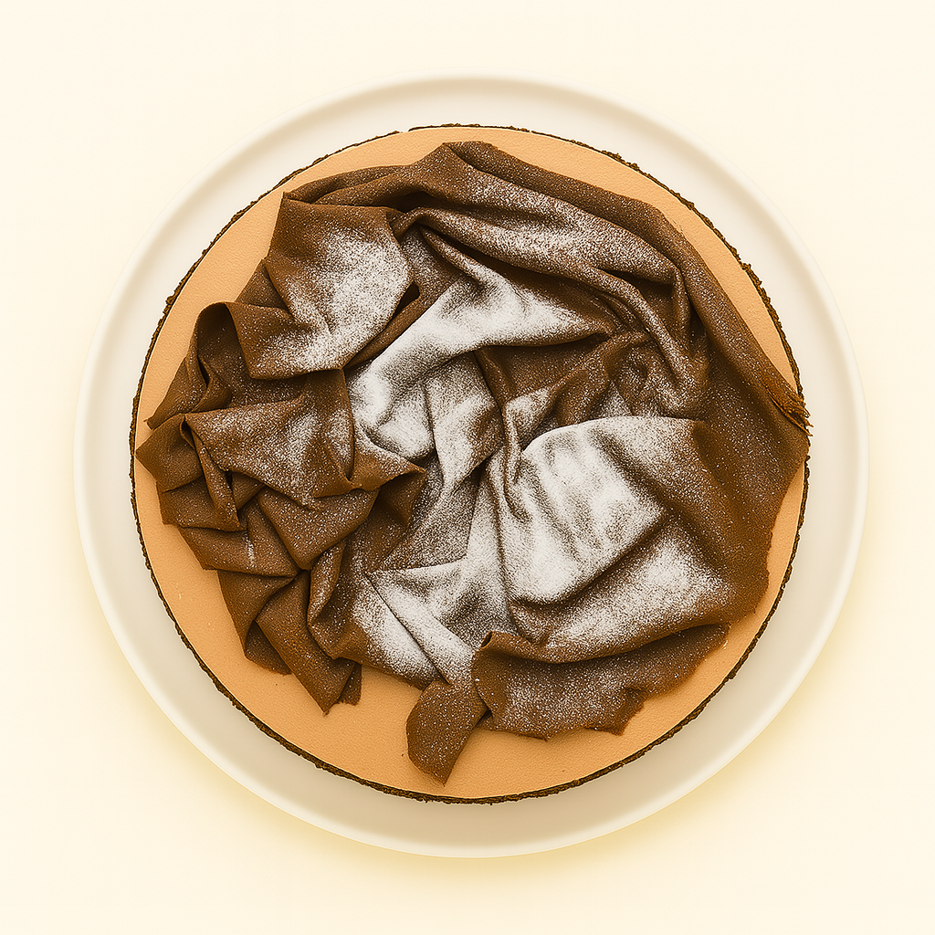 A top-down view of a chocolate truffle semifreddo on a white plate, featuring artistic, draped chocolate folds dusted with powdered sugar, and a border of chocolate flakes around the sides.