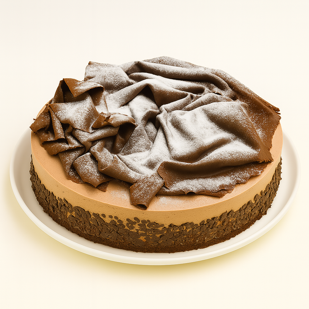 A chocolate truffle semifreddo dessert on a white plate, topped with dramatic folds of chocolate ribbons dusted with powdered sugar, and edged with chocolate flakes, set against a soft cream background.