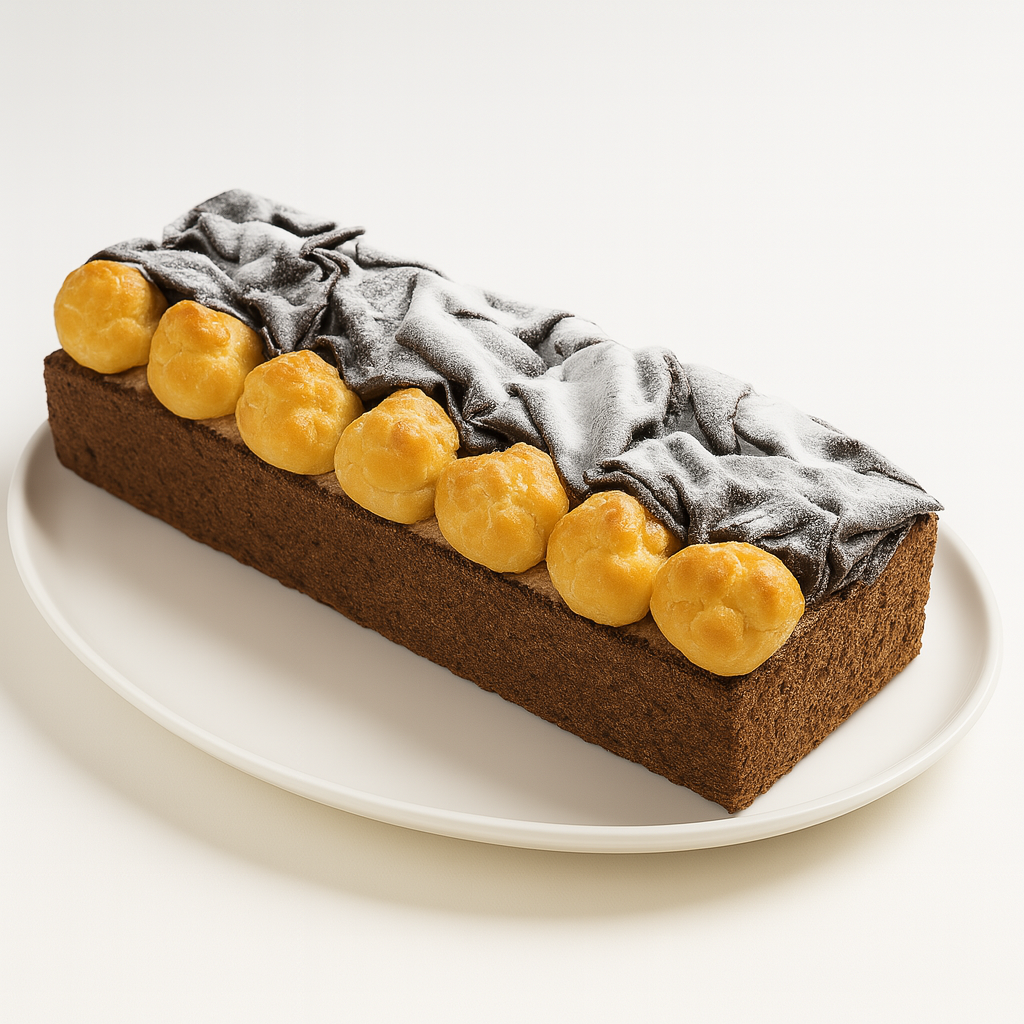 A close-up angled view of a rectangular chocolate cake on an oval white plate, topped with dark, folded chocolate layers dusted with powdered sugar and lined with golden cream puffs.