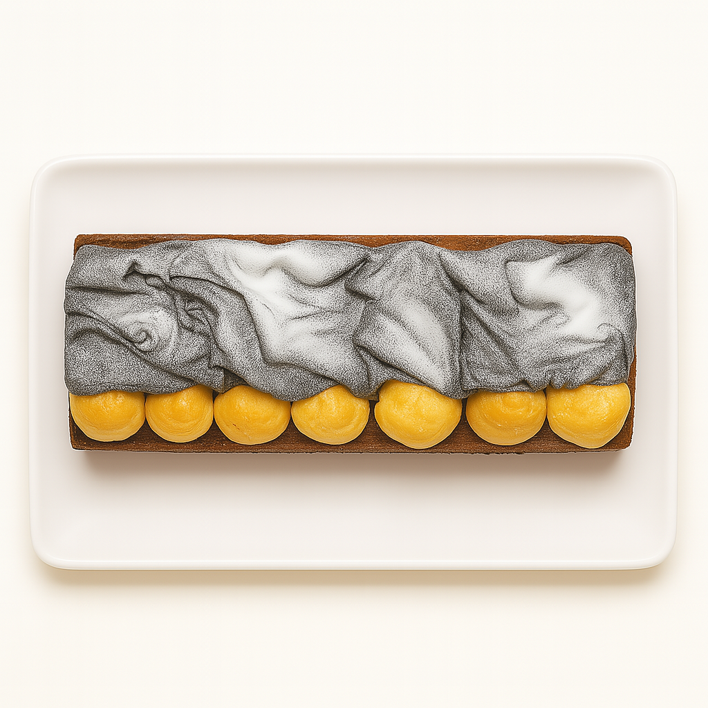 A top-down view of a rectangular chocolate cake placed on a white rectangular plate, featuring a layer of folded dark chocolate topping dusted with powdered sugar and lined with golden cream puffs along one edge.