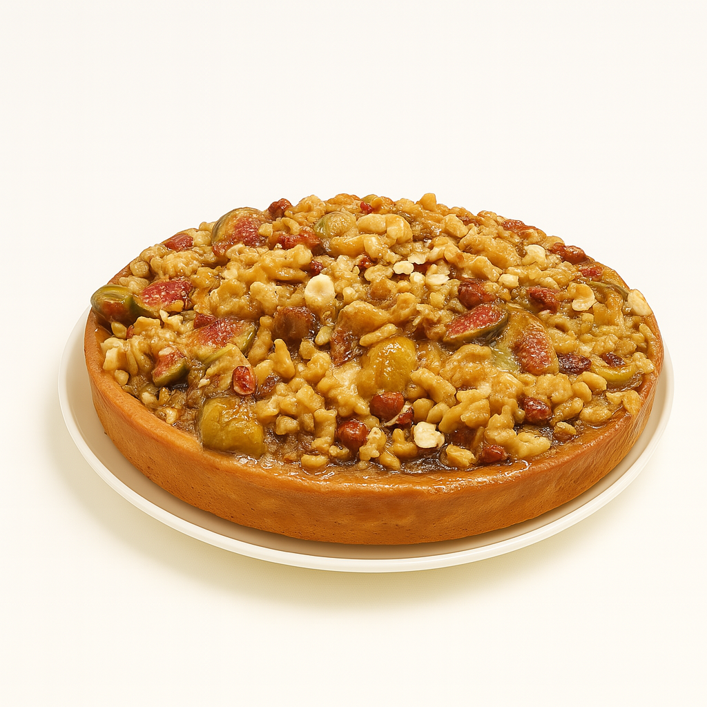 A side-angle view of a nut and fruit tart on a white ceramic plate, highlighting its golden-brown crust and a topping of chopped nuts, figs, and fruit pieces held together by a glossy glaze, all set against a plain white background.
