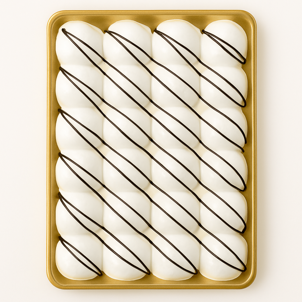 A top-down view of a golden rectangular tray containing white dome-shaped desserts arranged in a precise grid pattern of 4 columns by 6 rows. Each dome is topped with diagonal dark chocolate stripes, set against a plain white background.