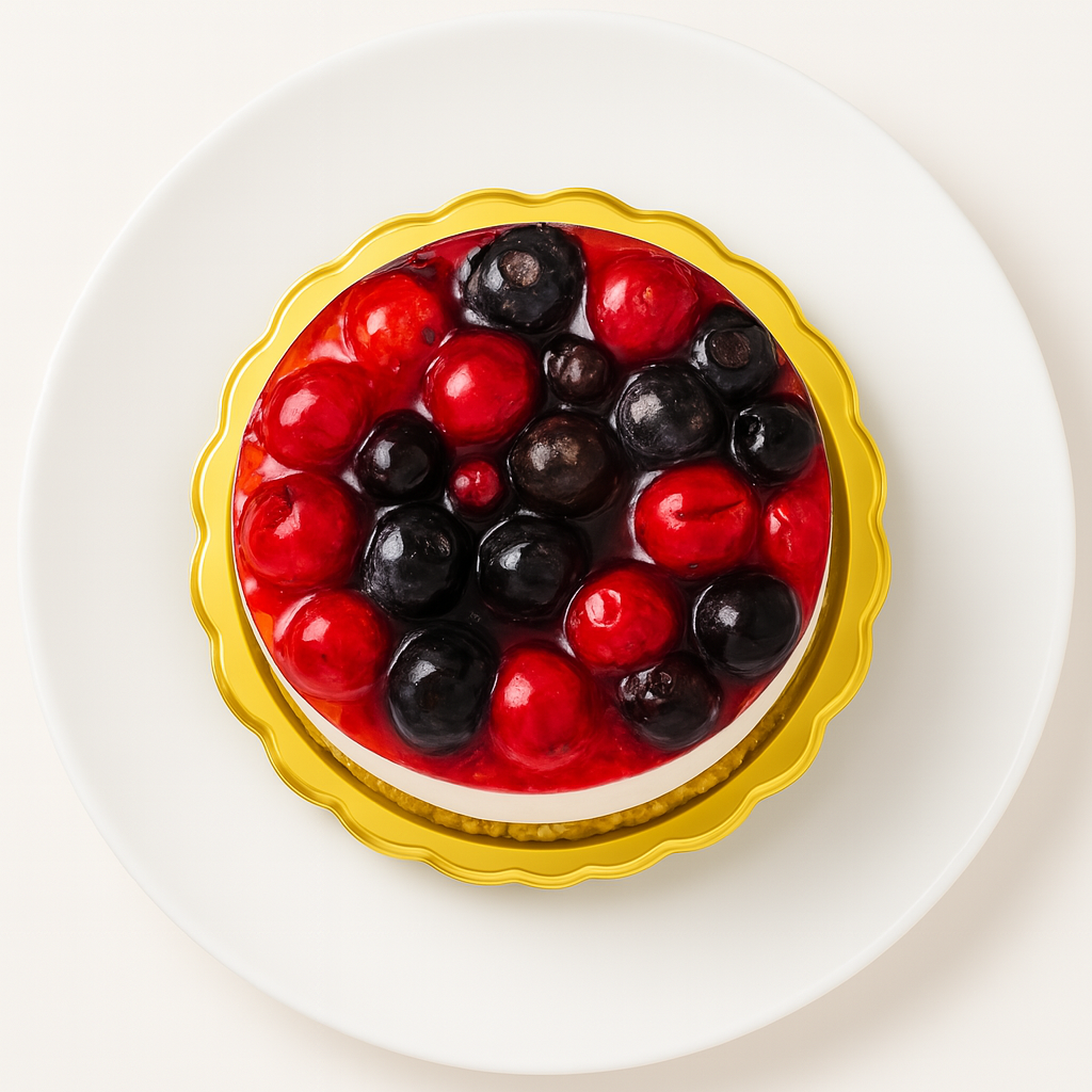 Top-down view of an individual wild berry cheesecake with a glossy topping of red and black berries, set on a gold base and white plate.