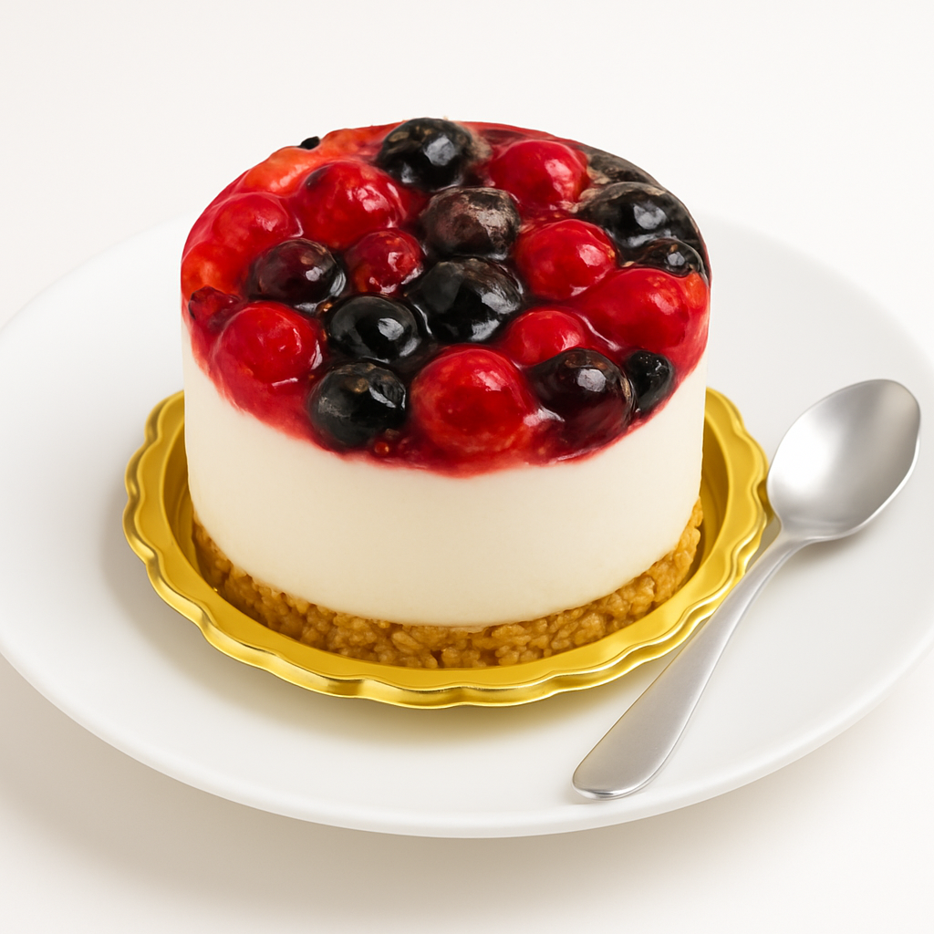 Individual wild berry cheesecake topped with glossy red and black berries, on a gold base and white plate, accompanied by a silver spoon.