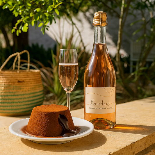 Chocolate soufflé dessert dusted with cocoa powder, placed on a white plate on a stone surface outdoors. Thick melted chocolate flows from the center of the soufflé. Beside it sits a glass of sparkling rosé wine and a bottle of Lautus de-alcoholised sparkling wine. Sunlight casts bright highlights and shadows across the rustic outdoor setting with greenery in the background.