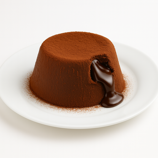 Chocolate lava cake covered in cocoa powder, served on a white plate, with glossy molten chocolate flowing from its center.