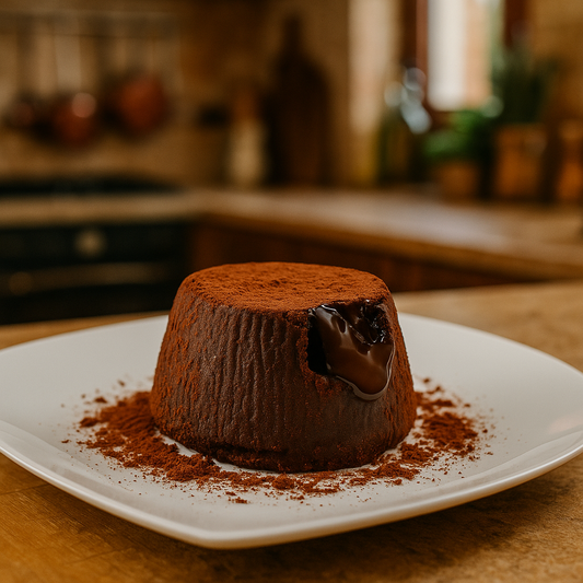 Chocolate lava cake dusted with cocoa powder, served on a white plate with rich molten chocolate oozing from the center.
